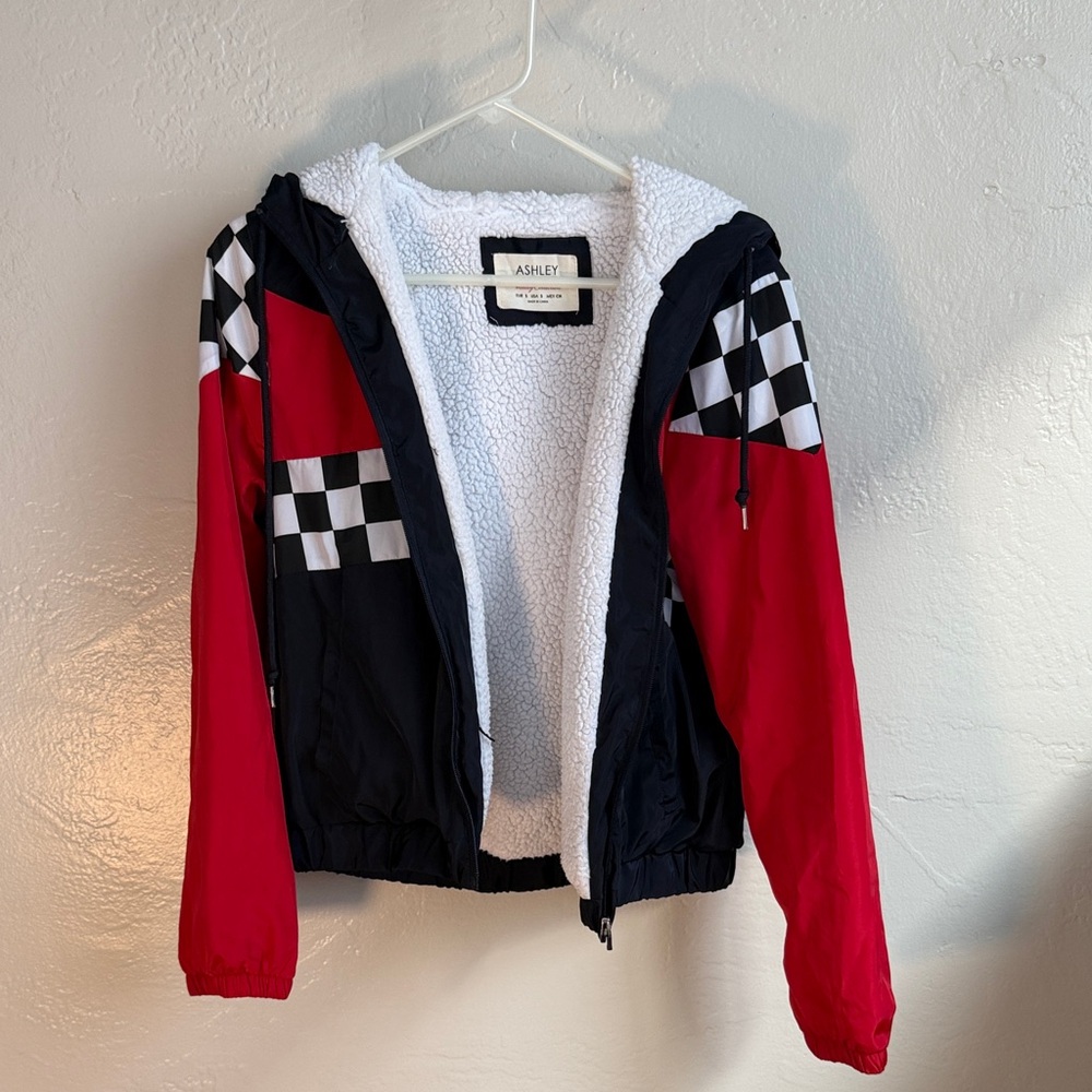 Checkered Red White & Blue Sherpa lined Puffer Jacket